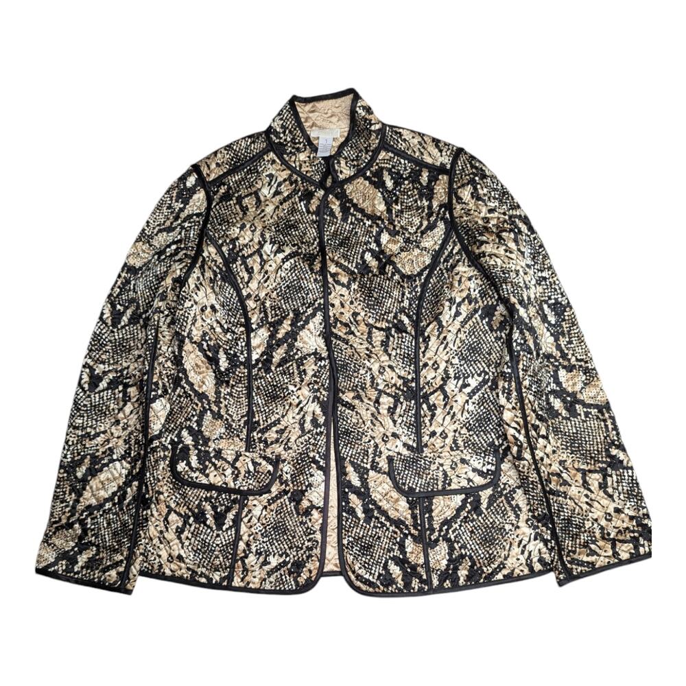 Chico's Black Champagne Gold Snakeskin Print Quilted Satin Open Front Jacket 1 S